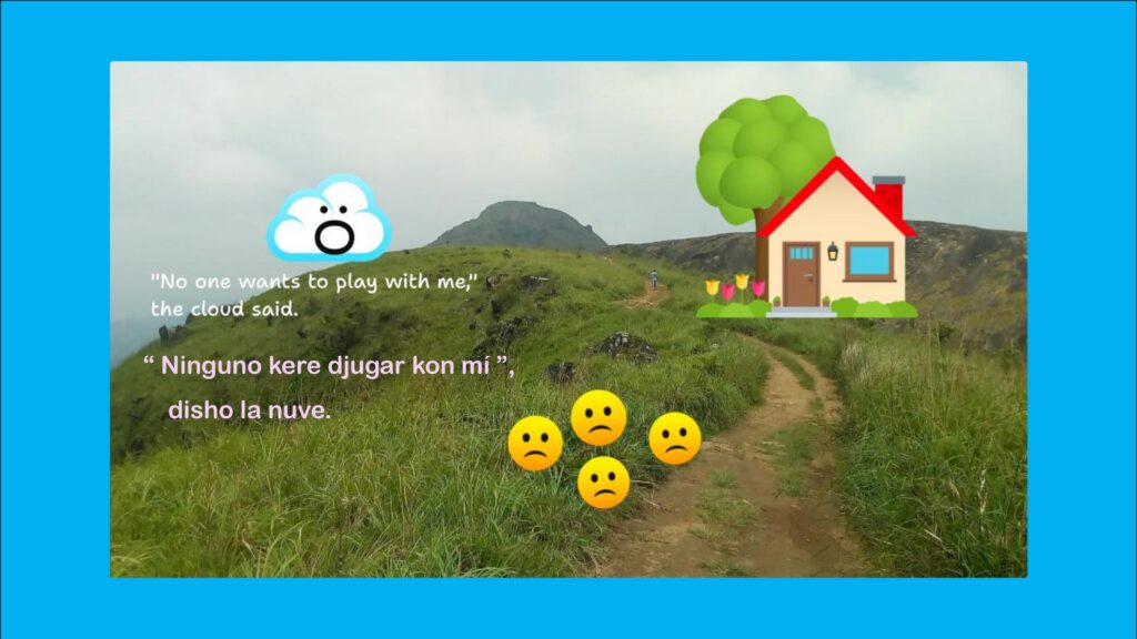 Picture of a cloud and four emojis by a house, from a new Ladino short story.
